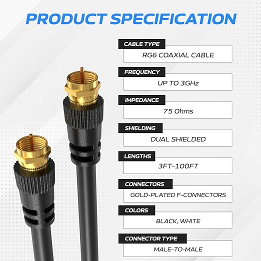 Cables Direct Online Pack of 10 x Coaxial Cables 50FT Black Coax RG6 Male F - Image 2