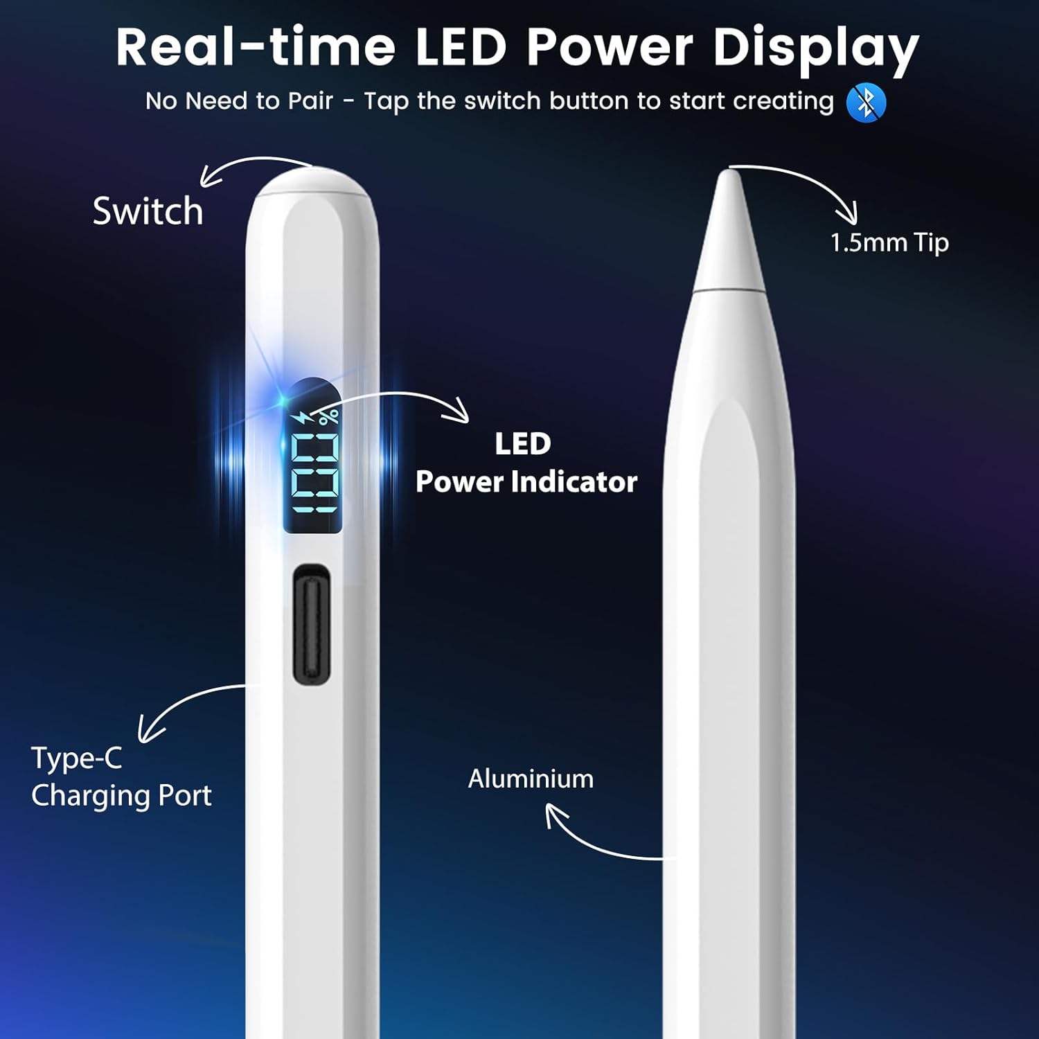 Stylus Pen for iPad M3/M4/9/10th Generation, LED Display Fast Charge Pencil Compatible with Apple iPad Pro A16 6th/7th/8th, Air 5/4/3, Mini 7/6/5(Tilt Sensitivity, Pixel Precision, Palm Rejection)