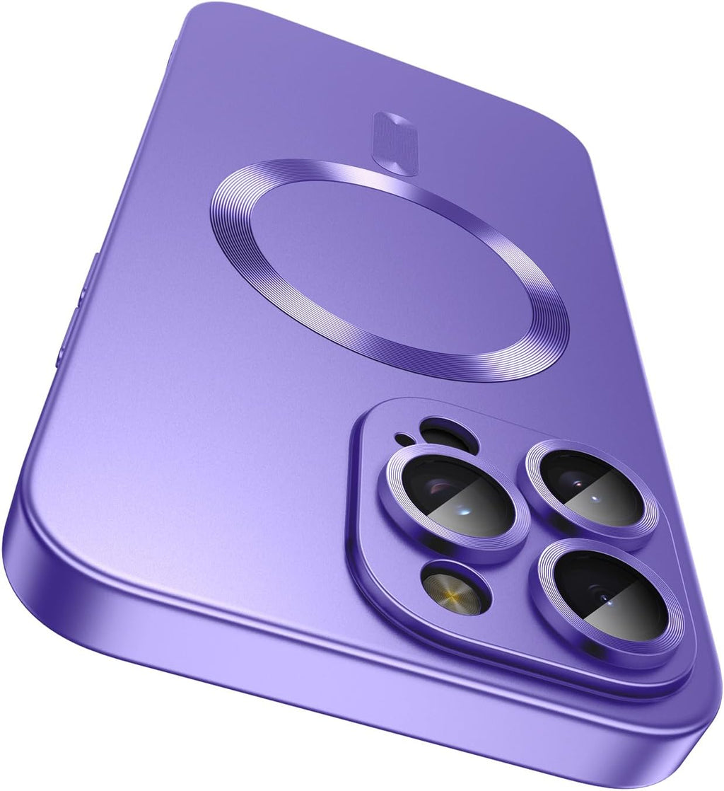 Magnetic for iPhone 15 Pro Max Case [Compatible with MagSafe][Built-in Camera Lens Protector] Slim Soft Silicone Bumper Shockproof Metallic Luster Phone Case (Purple)