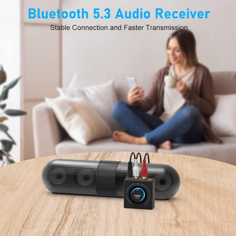 YMOO B06T3 Bluetooth 5.3 Receiver, 100ft RCA Bluetooth Audio Adapter for 3.5mm Jack AUX HiFi Home Stereo/Speaker from Smartphone/Tablet/Laptop,Dual Link for Two Speakers,SBC AAC Audio