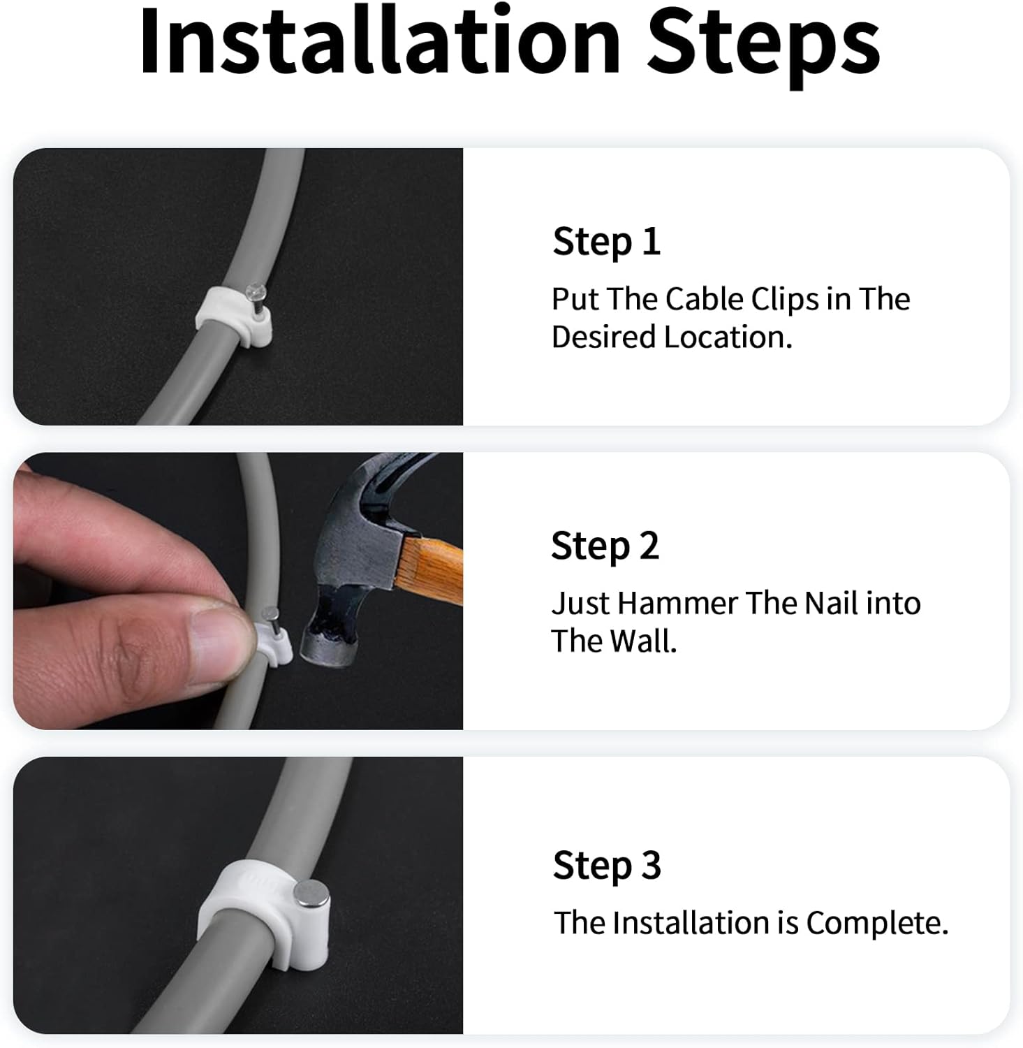 Cable Clips, 100 Pcs, 8mm, Wire Wall Clips with Steel Nails, Cable Management Organizer Clips, Cable Tacks Coax Holder Clips, RG6 RG59 CAT6 RJ45 Cable Cord Clips, White