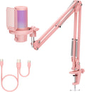 FEELWORLD VM1 Pink Gaming PC USB Microphone Condenser Mic with Noise Cancellation Mute RGB Light, Computer Accessories Gifts for Gamer YouTube Twitch Podcast Streaming Recording Online Chat PS4 PS5