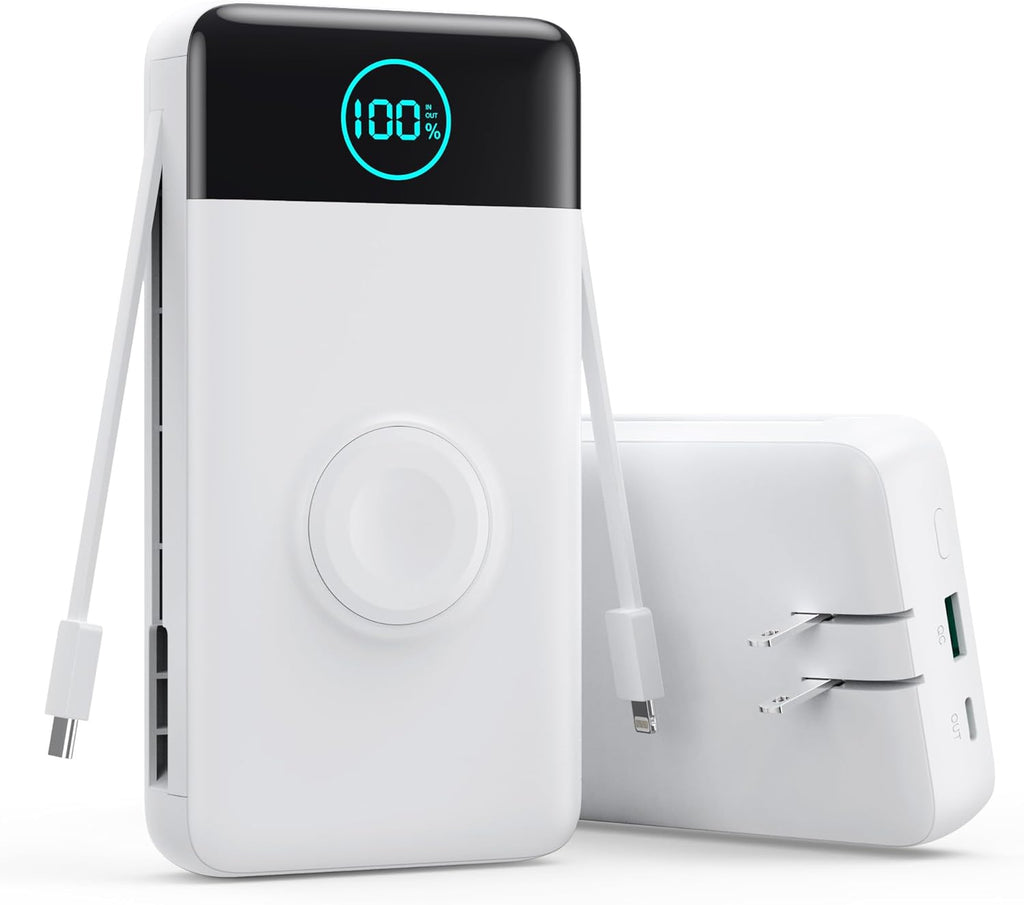 Portable Charger 40800mAh Power Bank with Built-in Cables,Wall Plug and iWatch Charger,6-in-1 QC4.0+25W PD USB C Fast Phone Charging,LCD Display Battery Pack for iPhone 16/15,Apple Watch,Galaxy-White