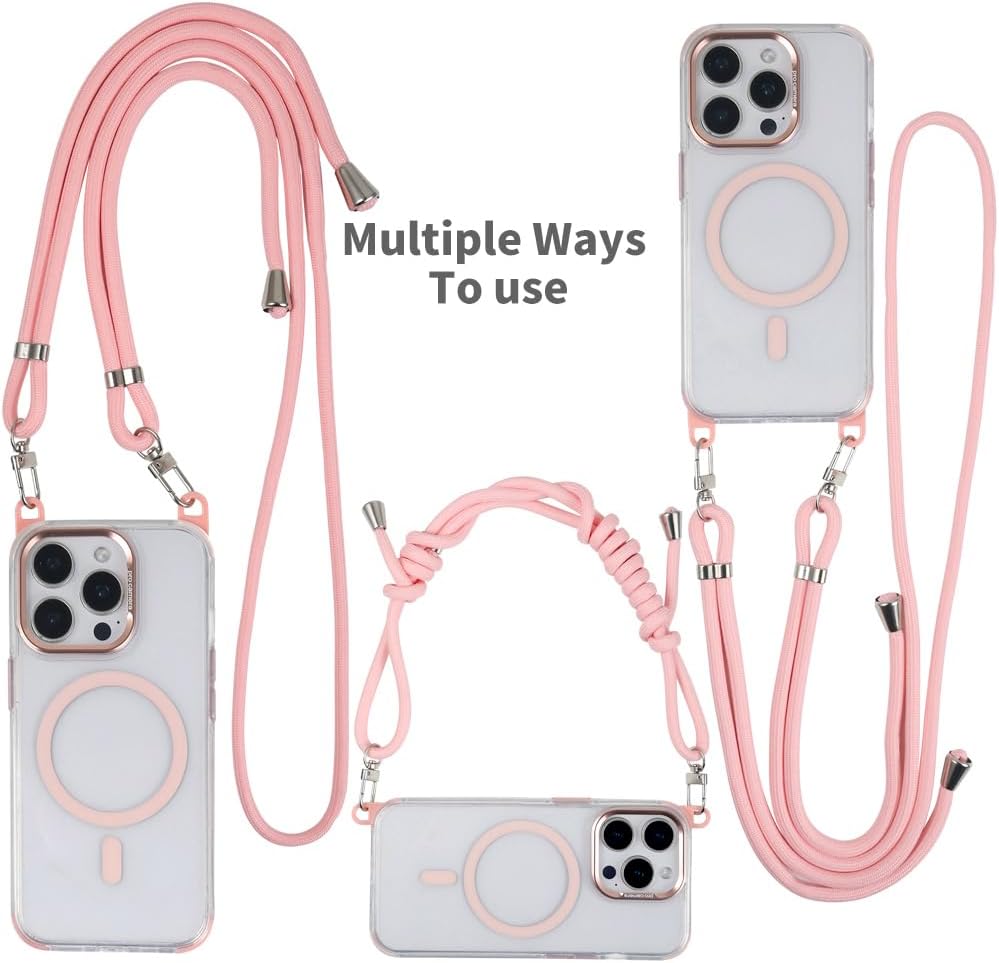 for iPhone 15 Pro Case with 62.99 inch Lanyard, Classic Clear&Pink Magnetic Phone Case, Drop&Shockproof Protection Cases, Phone Lanyard for Around The Neck, Compatible with Magnet Accessory