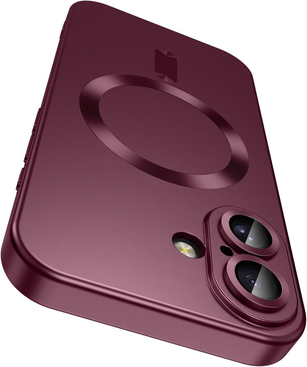 Magnetic for iPhone 16 Plus Case [Compatible with MagSafe][Built-in Camera Lens Protector] Slim Soft Silicone Bumper Shockproof Metallic Luster Phone Case (Burgundy)