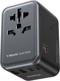 MOMAX Universal Travel Adapter, GaN 70W International Power Adapter, 3 USB-C PD Fast Charging & 2 USB-A QC, 1 AC, All-in-one International Plug Adapter for Travel European UK AUS JP