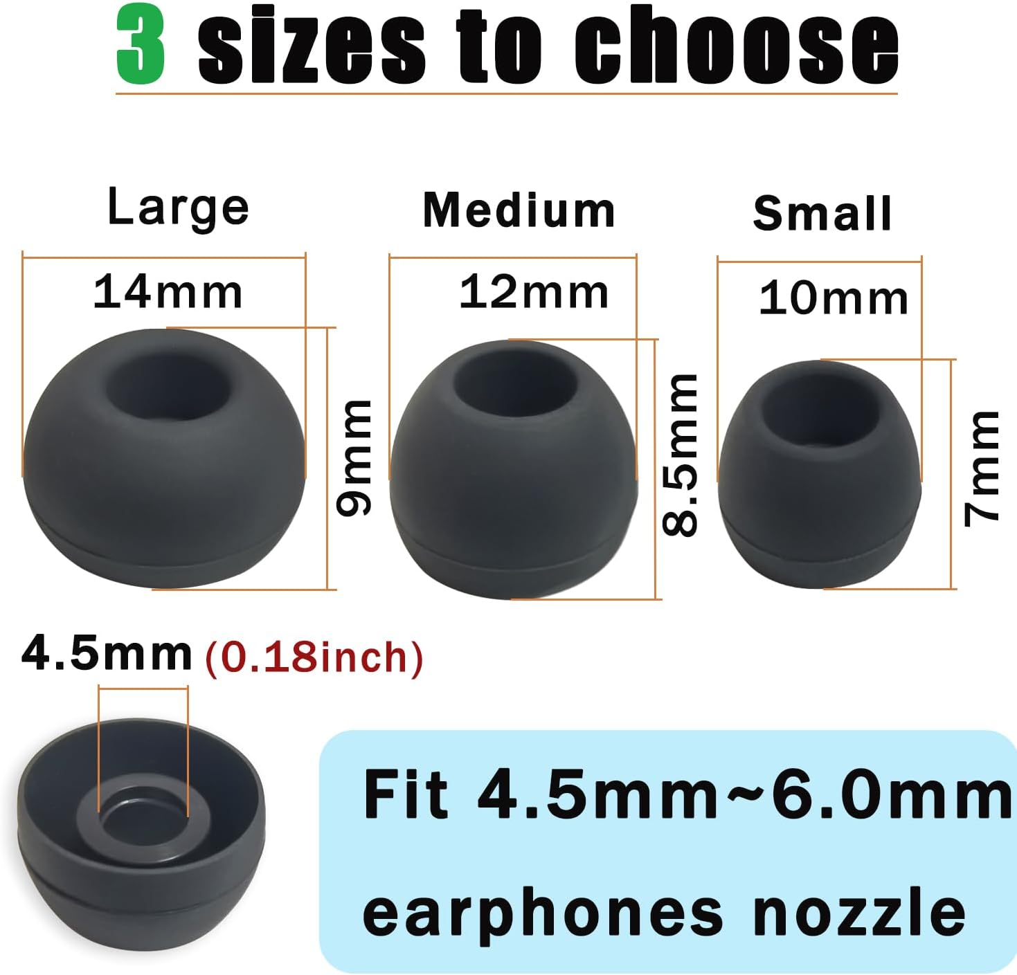 Silicone Earbuds Tips Replacement for True Wireless Earbuds Universal Ear Tips Fit 4.5mm-6mm Nozzle 6 Pairs LMS Black
