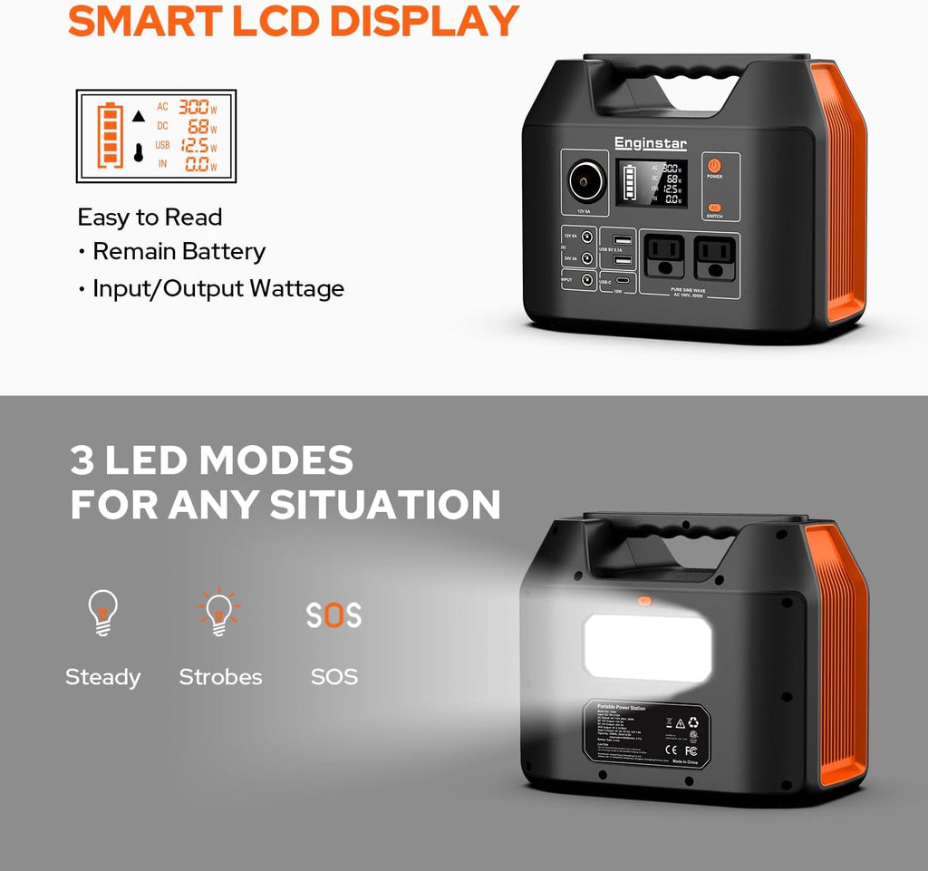 EnginStar Portable Power Station 300W 296Wh Battery Bank with 110V Pure Sine Wave AC Outlet for Outdoors Camping Hunting and Emergency, 80000mAh Backup Battery Power Supply for CPAP
