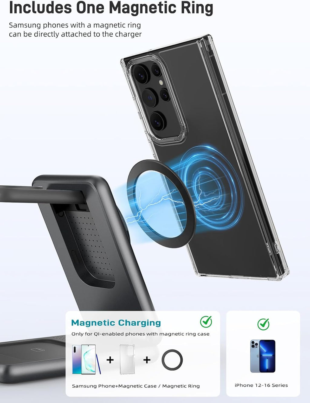 Magnetic Wireless Charger for Samsung, 3 in 1 Foldable MagSafe Charging Station for Galaxy S25 Ultra/S24/Z Fold7/Flip7/Buds, One-Click Ejection Charger Only for Samsung Galaxy Watch 8/Ultra/7