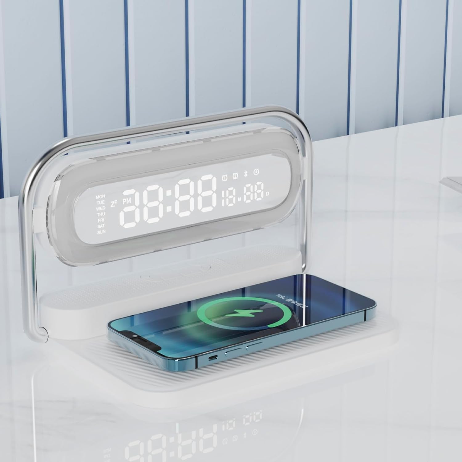 4-in-1 Multifunction Mobile Wireless Charger with Colorful Night Lights, Bluetooth Speaker, Digital Clock Alarm ; M11