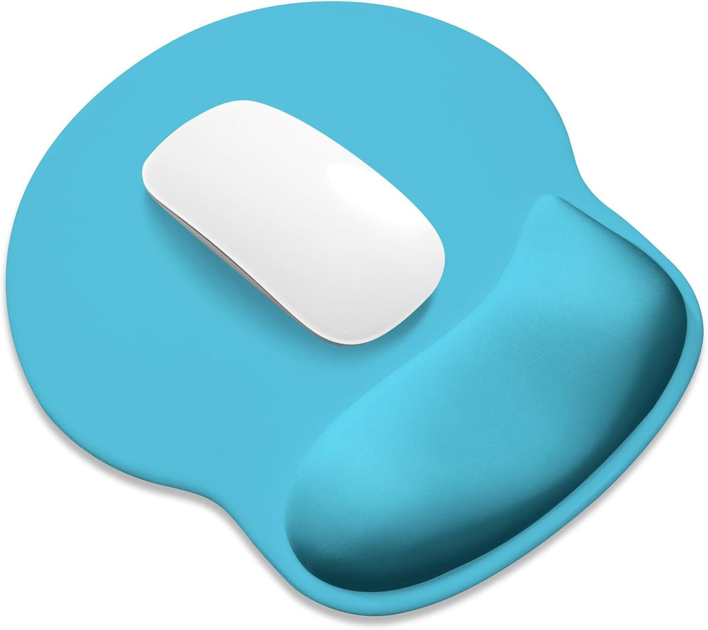ITNRSIIET Ergonomic Mouse Pad with Wider Memory Foam Wrist Rest +17%, Curved Cushion Reduces Pressure 20%, Pain Relief, Non-Slip, Smooth, Cute Color Desk Accessory, 9.85 x 9 inch, Powder Blue