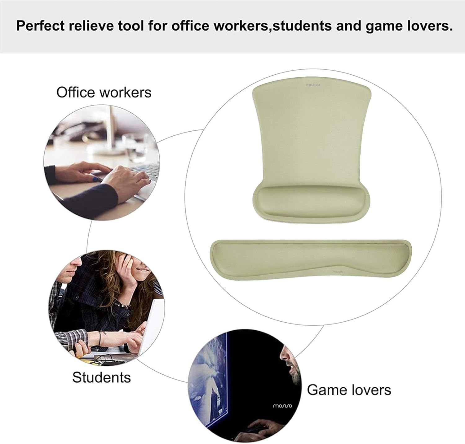 MOSISO Wrist Rest Support for Mouse Pad & Keyboard Set, Ergonomic Mousepad Non-Slip Base Home/Office Pain Relief & Easy Typing Cushion with Neoprene Cloth & Raised Memory Foam, Olive Green