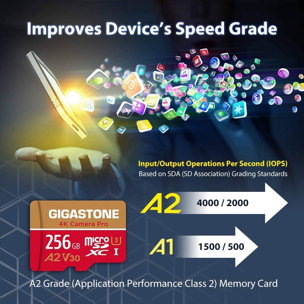 [5-Yrs Free Data Recovery] GIGASTONE 256GB Micro SD Card, 4K Camera Pro, A2 V30 for Smartphone, Gopro, Action Cams, 4K UHD Video, Nintendo-Switch Compatible, Up to 100MB/s, UHS-I U3 C10 with Adapter