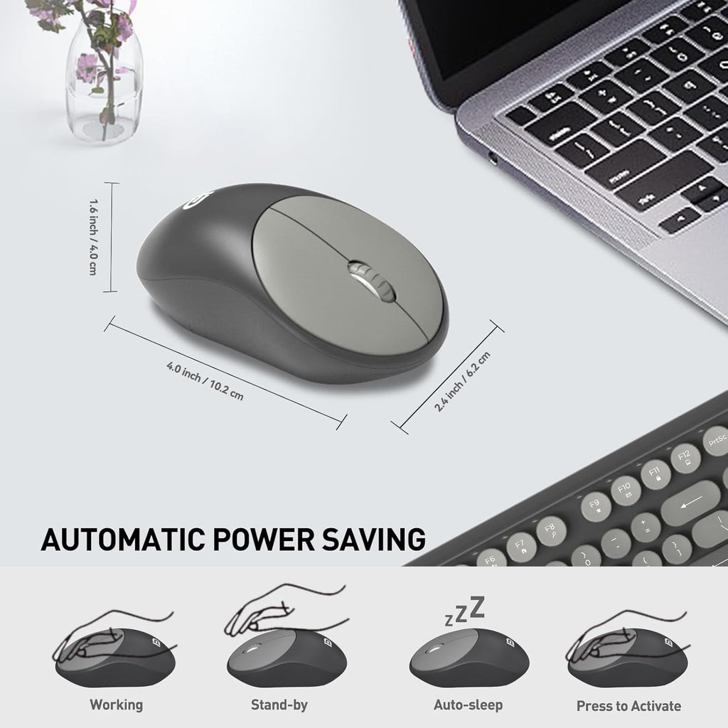 Wireless Keyboard and Mouse Combo, 104 Round Keys Cute Colorful Cordless Keyboard and Mouse with Retro Typewriter Black
