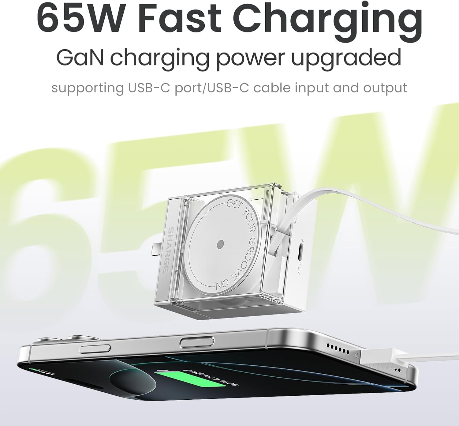 Retractable 65W USB C Charger, GaN Power Wall Charger with Retractable Cable, 2 Devices PD Fast Charging for MacBook Pro/Air, iPhone 16,Pixel Book, iPad Pro (White)