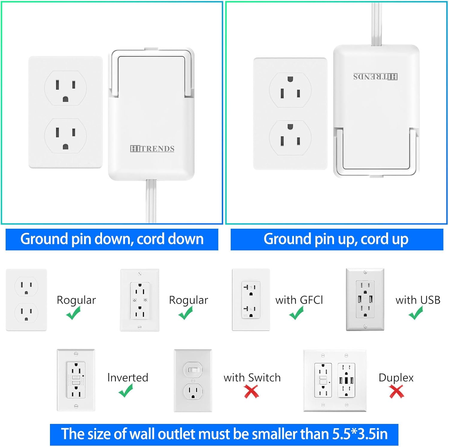 6FT Ultra Flat Plug Dual Extension Cord with 6 Outlets, Ultra-Thin Outlet Cover Power Bar, Outlet Concealer Universal Size Flat Plug Power Strip, Child & Pet Safe, 1625W, White