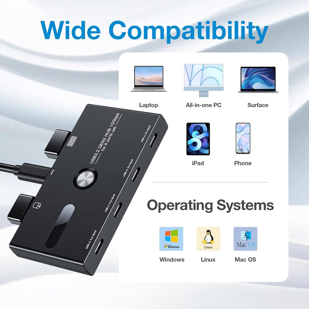 10Gbps USB C Hub, 6 Ports Type C Splitter, USB-A/C to USB C/A Adapter for PC, Laptop, MacBook Pro/Air, iMac, Surface Pro, Chromebook, Etc(HUB ONLY, Not Support Charging/Monitor)