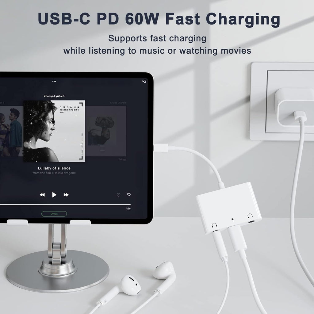 USB C to 3.5mm Audio Adapter, 3 in 1 Aux to USB C Headphone Splitter Dual 3.5mm Audio Jack and PD 60W Fast Charging, Compatible for iPhone 15 16,Galaxy S22 S21/Note 20,Pixel 4 3 XL,Huawei,etc