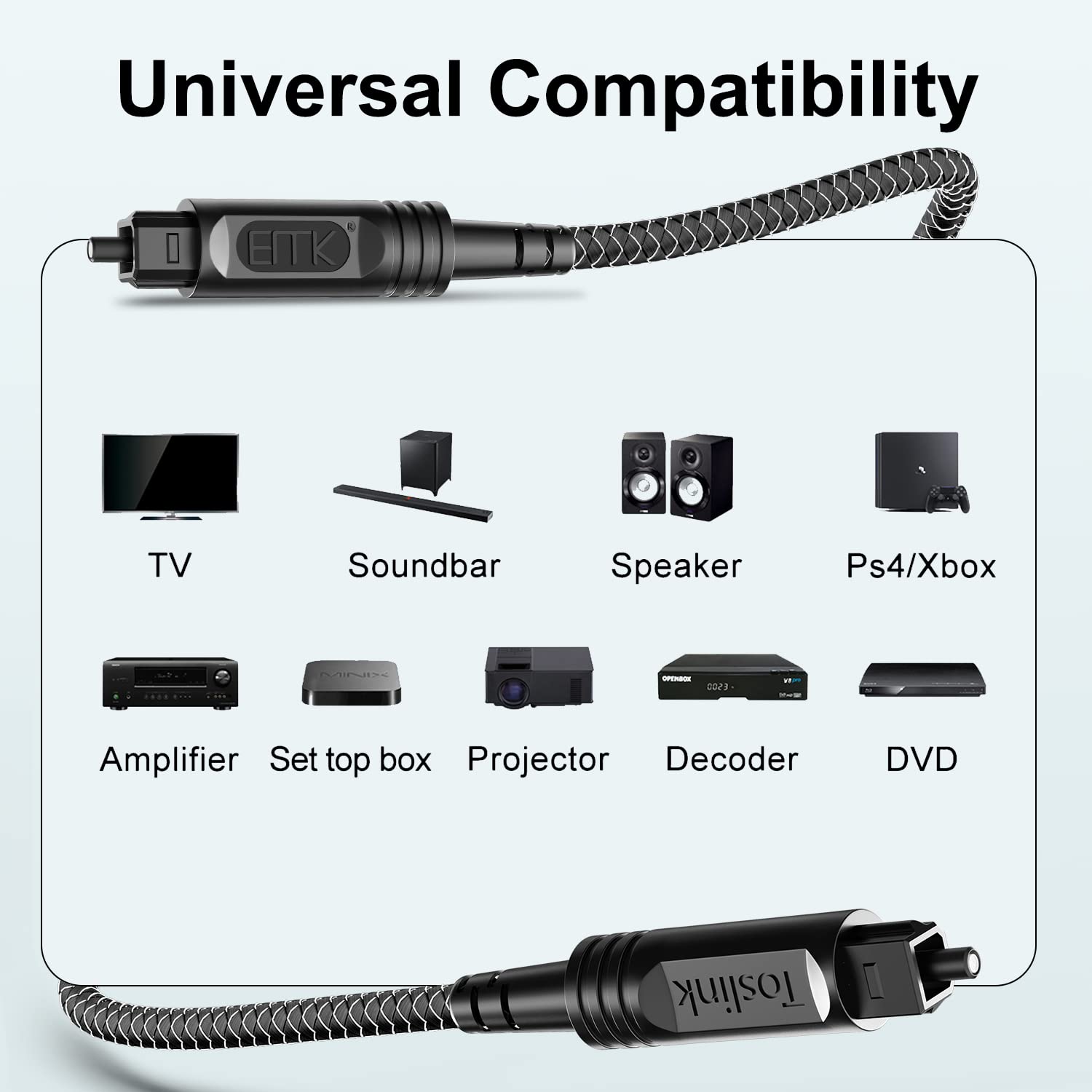 EMK Digital Optical Audio Cable [6 Feet/2M] - Slim Nylon Braided Toslink Fiber Optic Cable for Sound Bar, TV, Home Theater, PS4, Xbox, Blu-Ray Player & More - High-Speed SPDIF (Black1)