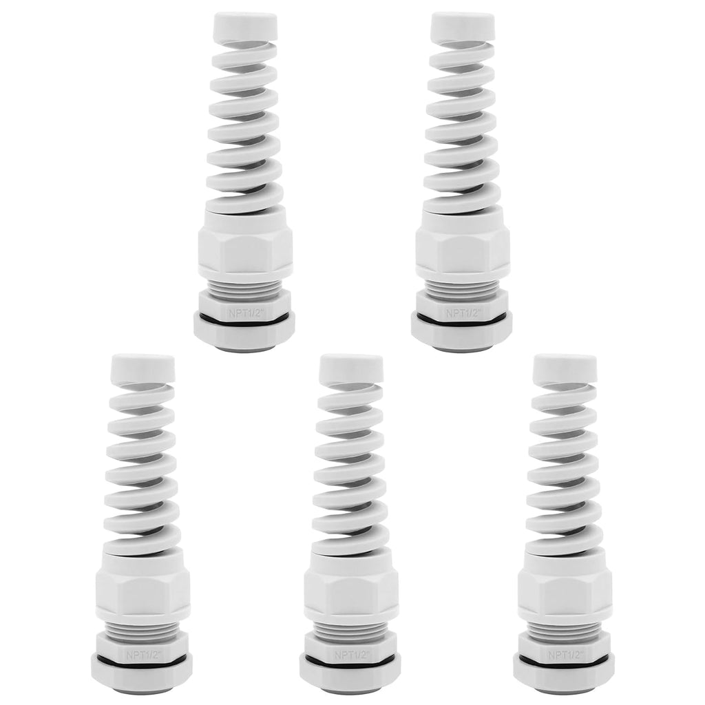 Strain Relief Cord Connector,LISTENJIALE 5Pcs NPT 1/2" Waterproof Cable Gland Flex Spiral Strain Relief Adjustable 6-12mm Cable Connector Nylon Joint with Gaskets(Grey)