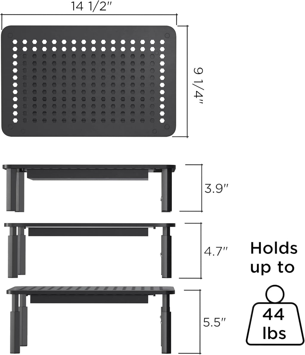EVOOMI Back Saver Monitor Stand for Desk - 2 Pack Monitor Riser with Drawer - Gain 5 Weeks a Year, Less Pain & Peak Productivity with Anti Skid Mesh Metal Computer Stand for Laptop, Printer & iMac