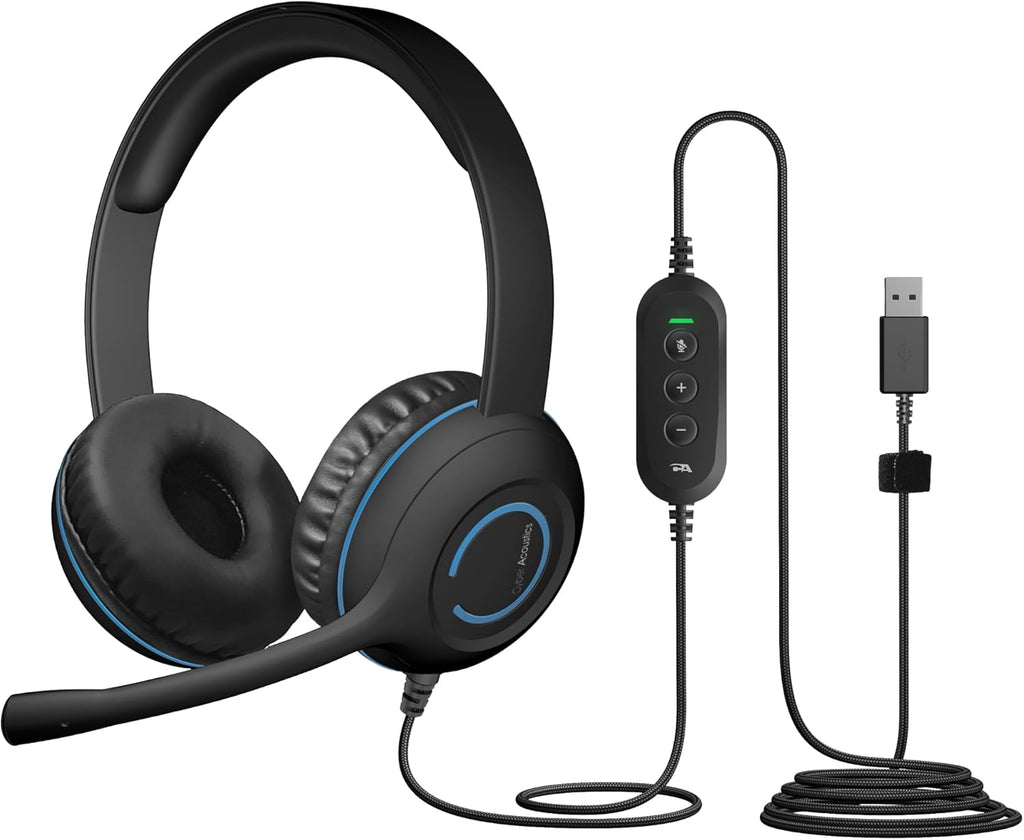 Cyber Acoustics Stereo USB Headset (AC-5008A), in-line Controls for Volume & Mic Mute, Adjustable Mic Boom for PC & Mac, Perfect for Classroom or Home