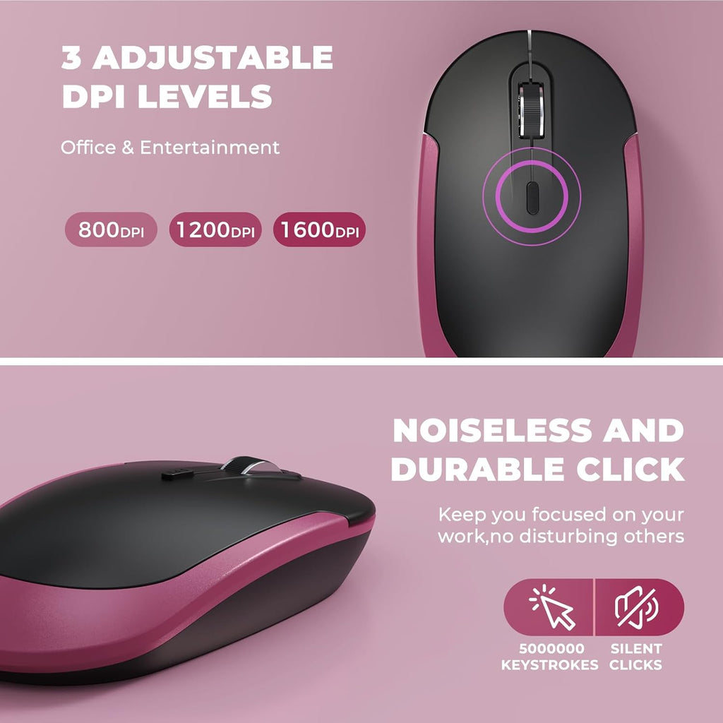 Wireless Keyboard and Mouse, Vssoplor 2.4GHz Rechargeable Compact Quiet Full-Size Keyboard and Mouse Combo with Nano USB Receiver for Windows, Laptop, PC, Notebook-Black and Wine Red