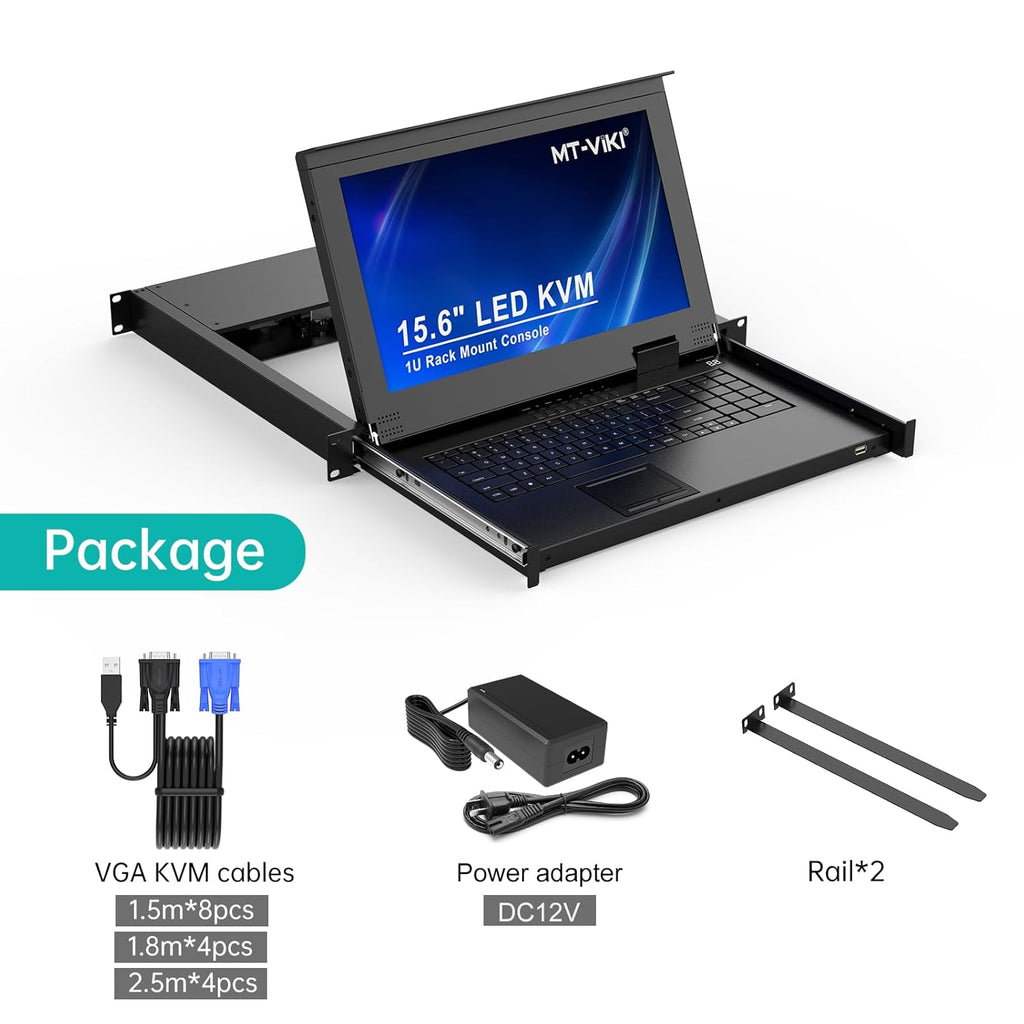 MT-VIKI 16 Port VGA KVM Console, 1U Rack Mount KVM Console w/15.6'' LCD Monitor, 1080P All-in-ONE LCD KVM Console Integrated Touchpad+Keyboard+Drawer+16 KVM Cables