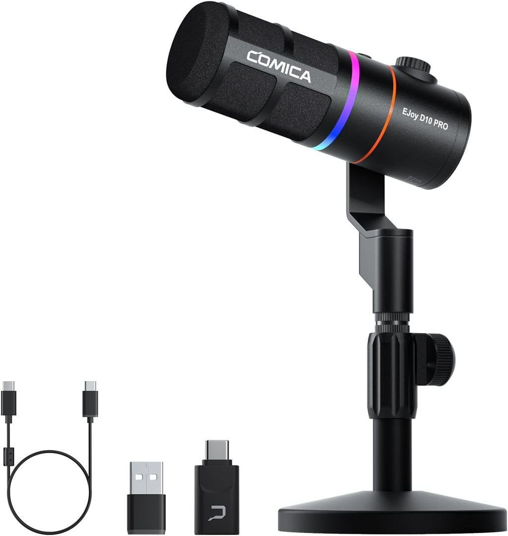 EJoy D10 PRO(D) Wireless USB Gaming Microphone – RGB Dynamic Mic with Wired/Wireless Modes, XLR/USB-C, Real-Time Monitoring, 45H Battery, Studio Mic for Gaming, Streaming, Podcast, Recording (Black)