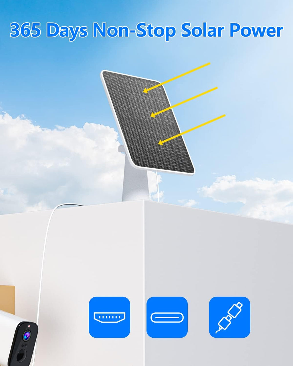 Solar Panel for Security Camera, 5W USB Solar Panel for DC 5V Security Camera, Micro USB & USB-C Port Solar Panel, IP65 Waterproof Solar Charger for Camera,360° Adjustable Mounting 13ft Cable, 1 Pack
