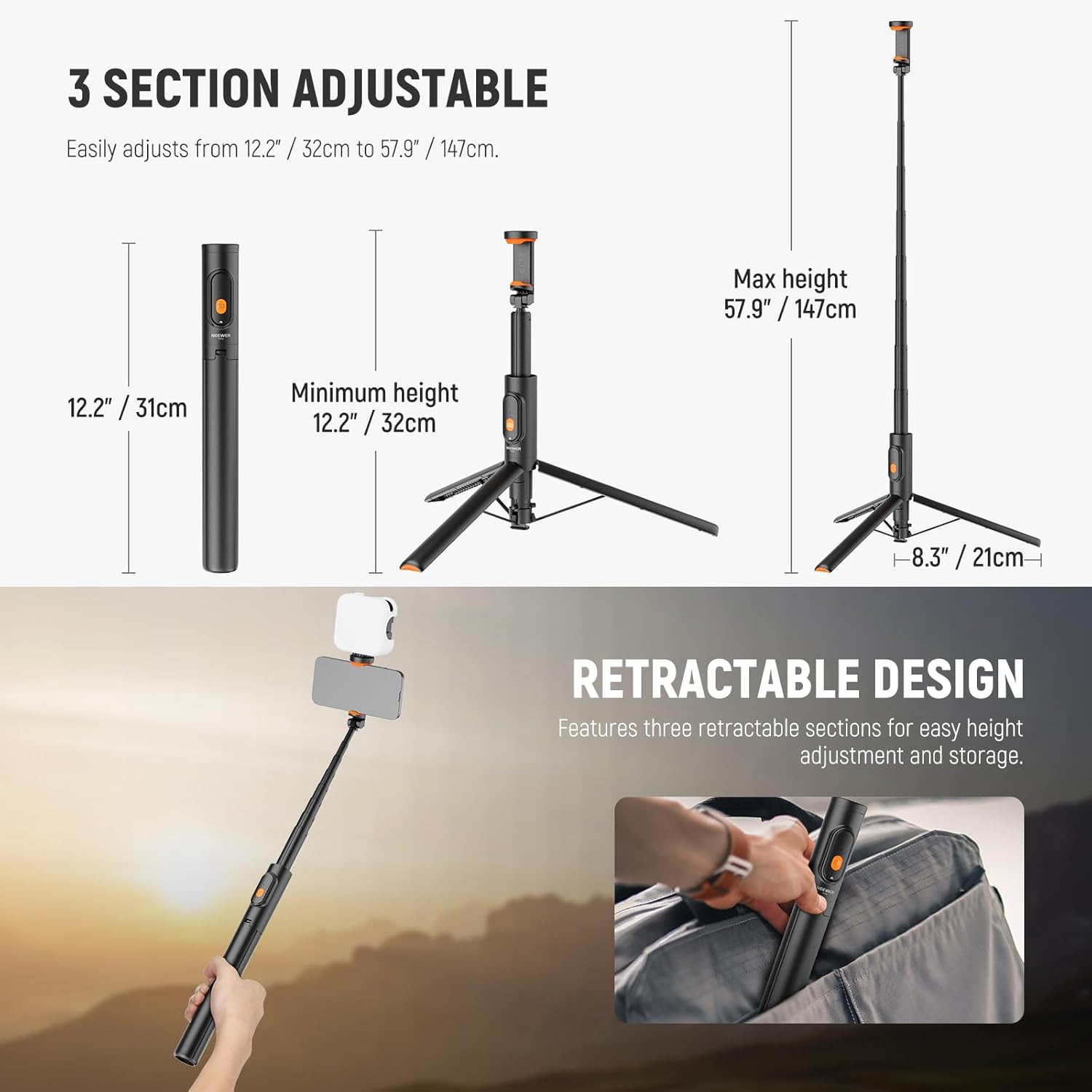 NEEWER 57.9" Selfie Stick Tripod Compatible with iPhone Samsung Android, Metal Portable Lightweight Travel Cell Phone Stand with Phone Holder Mount & Remote for Video Recording Filming, PA992 Black