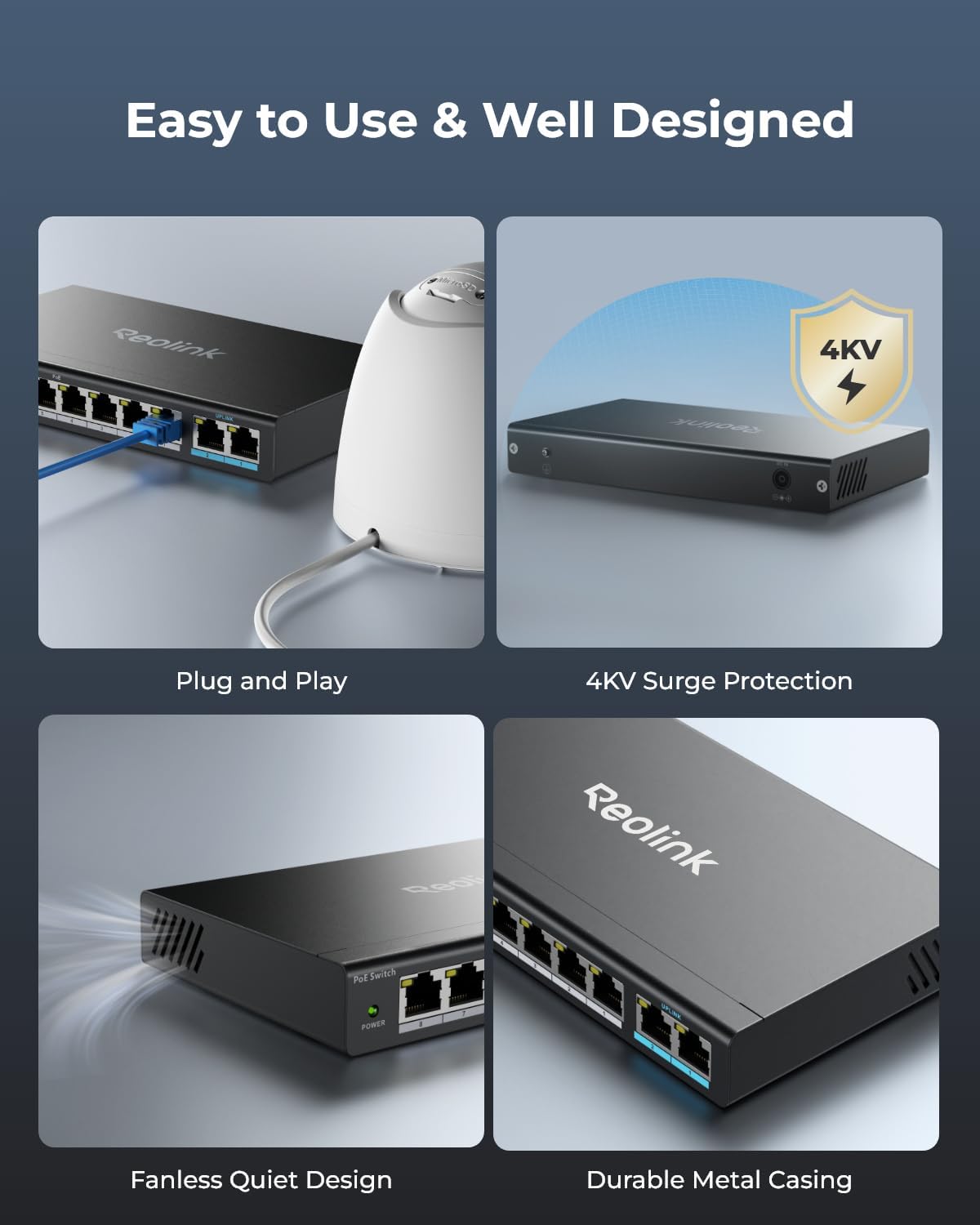 REOLINK PoE Switch with 8 PoE and 2 Gigabit Uplink Ports, Ideal for REOLINK RLN36 NVR and Power Over Ethernet IP Cameras, IEEE802.3af/at, Metal Casing, Desktop/Wall Mount, RLA-PS1