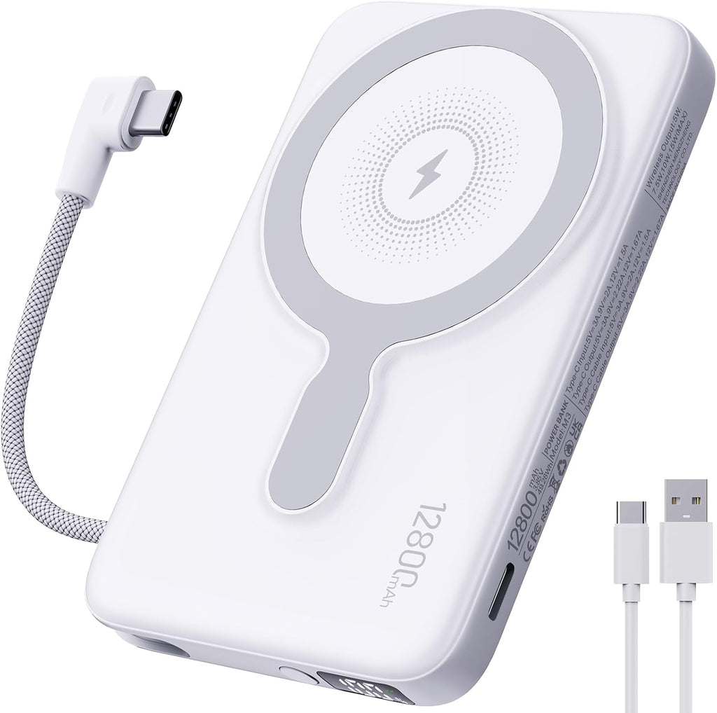 2025 Latest Magnetic Wireless Power Bank, 12800mAh Portable Charger with Built in Cable and Strap, LED Display Magnetic Battery Pack Travel Essential for iPhone 16/15/14/13/12/Pro/Mini/Pro Max Andriod