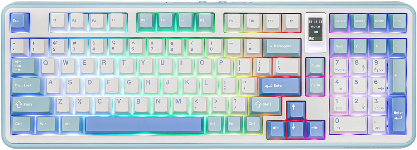 Vibe99 Wireless Gaming Keyboard with 1.06'' Screen, 96% Hot Swappable Creamy Mechanical Keyboard with Gasket Structure, BT5.0/2.4GHz/USB-C, 5-Layer Padding, RGB, NKRO for Win/Mac (Blue)