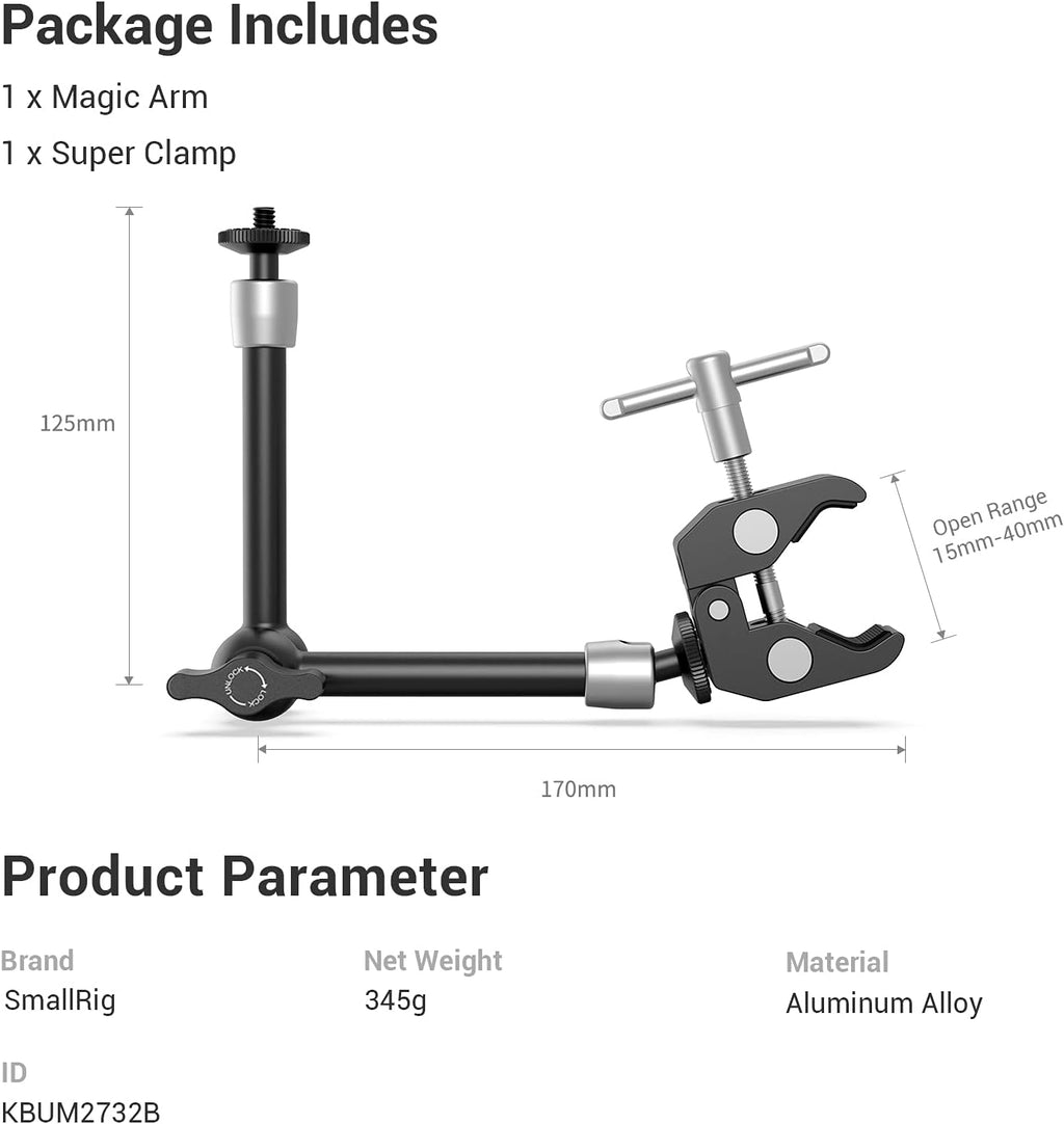 SMALLRIG Clamp w/ 1/4" and 3/8" Thread and 9.8 Inches Adjustable Friction Power Articulating Magic Arm with 1/4" Thread Screw for LCD Monitor/LED Lights - KBUM2732B