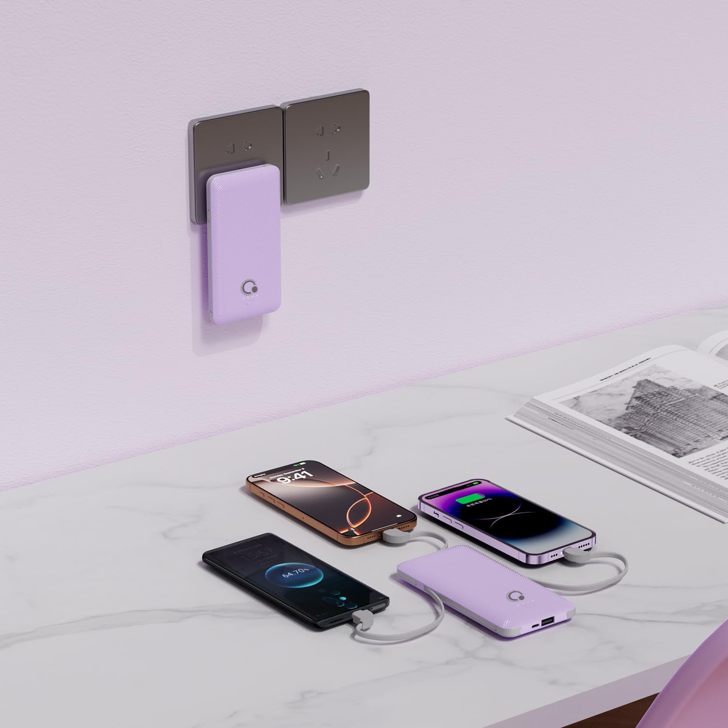 Q 10000mAh Power Bank, Slim Portable Charger,4 Output External Battery Pack with Built-in AC Wall Plug Micro USB C 3 Cables Compatible with iPhone Samsung Android Phone Tablet and More