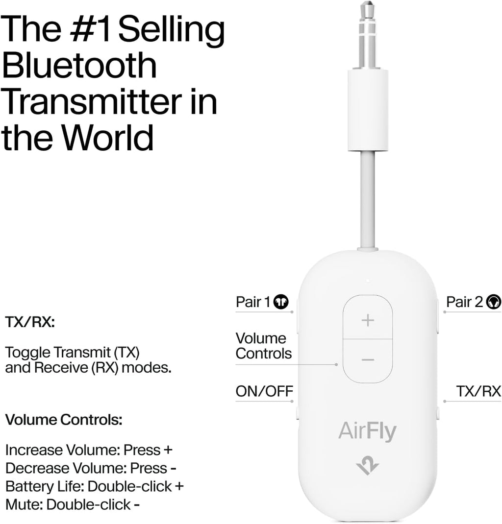 AirFly Pro 2 – Bluetooth Adapter for Airplane, Pair 2 AirPods or Wireless Headphones – 3.5mm AUX Bluetooth Transmitter and Receiver for Cars, Boats, Treadmills, TVs & More – Airplane Travel Essentials