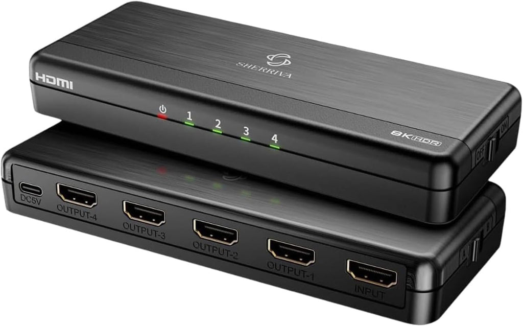 8K HDMI Splitter 1 in 4 Out, 1x4 Duplicate/Mirror Screens, HDMI 2.1, 8K@60Hz, 4K@240Hz (DSC), 4K@120Hz, Auto Downscaling, 48Gbps, HDCP 2.3, Compatible with Xbox, PS5, Blu-ray Player