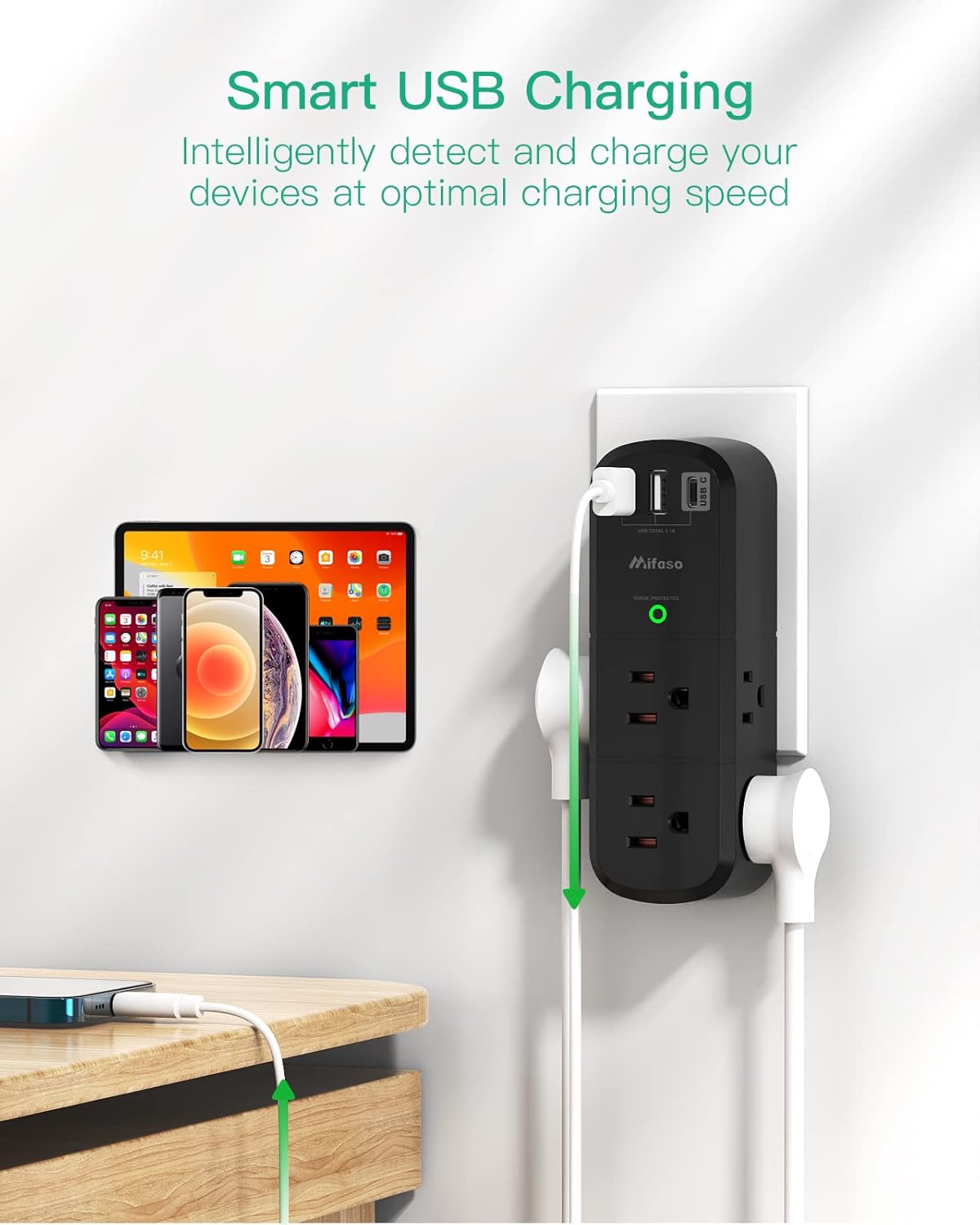 Surge Protector USB Outlet Extender with Rotating Plug, 6 AC Multi Plug Outlet and 3 USB Ports (1 USB C), 3-Sided Swivel Power Strip Outlet Splitter for Home, Dorm Room Essentials (2 Pack)