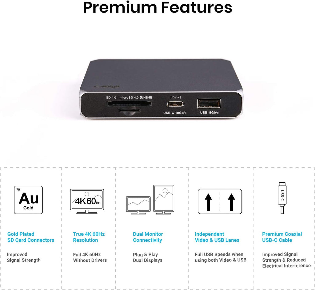 CalDigit USB-C 10Gb/s SOHO Dock - Up to 4K 60Hz, HDMI 2.0b, DisplayPort 1.4, 10Gb/s USB A & USB C, UHS-II microSD and SD Card Readers, Bus Power and Passthrough Charging, Steam Deck Compatible
