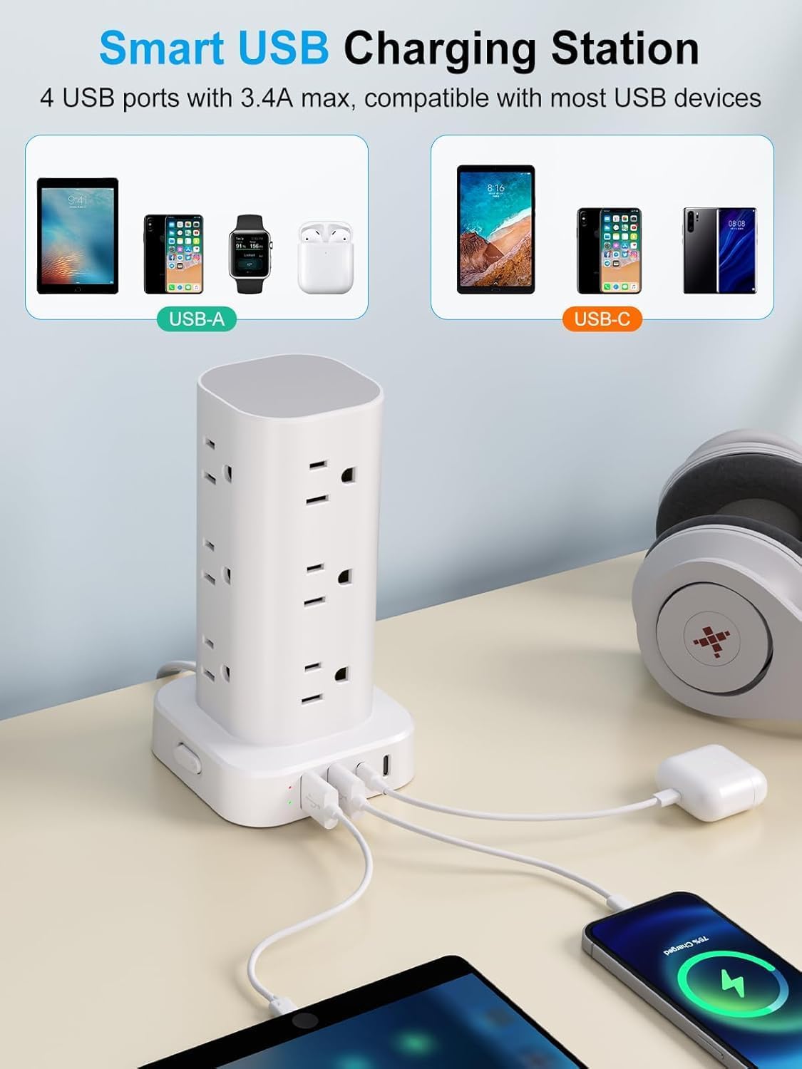Power Strip Tower with Multiple Outlets, Flat Plug Surge Protector Tower Extension Cord with 12 AC Outlets 4 USB Ports (2 USB C), 15FT Cord Power Tower Surge Protector for Home Office Dorm Room, White