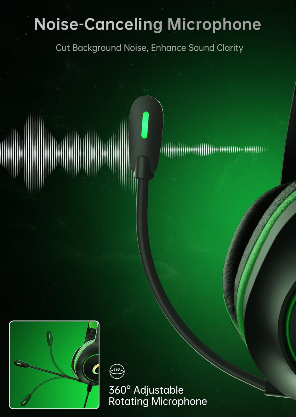 CM7002 Gaming Headset for PS5, PS4, PC, Mac, Switch, Xbox Series, Surround Sound RGB Gaming Headphones with Noise Canceling Microphone, 50MM Dynamic Drivers, 3.5MM Audio Jack, Black Green