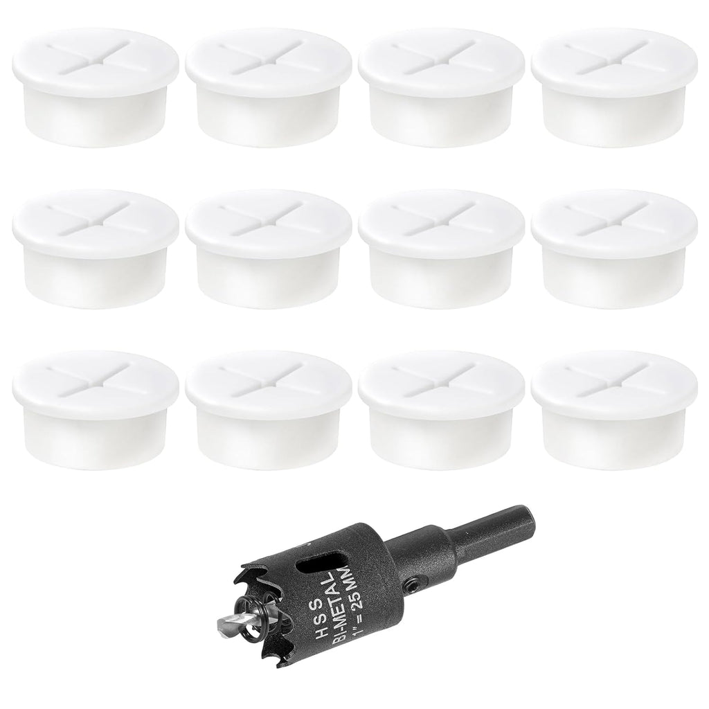 1" White Desk Grommet, JTemgle Flexible Cable Grommet with Bi-Metal Hole Saw Cross Rubber Cable Hole Cover Wire Organizer Caps Desktop Cord Management for Home Office TV Stands Tabletops, 13 Pieces