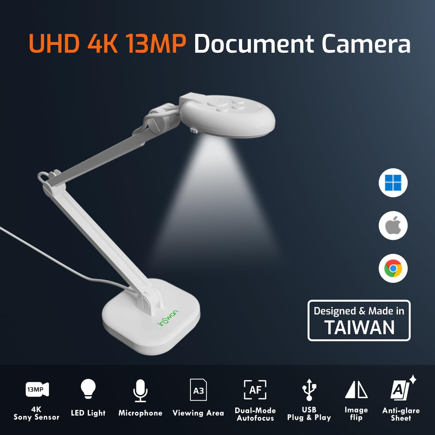 INS-2 4K USB 13MP Document Camera with Auto Focus, LED Light, Mic, A3-Size Capture, Compatible with MacOS, iPadOS, Windows, Chromebook for Remote Teaching, Web Conferencing