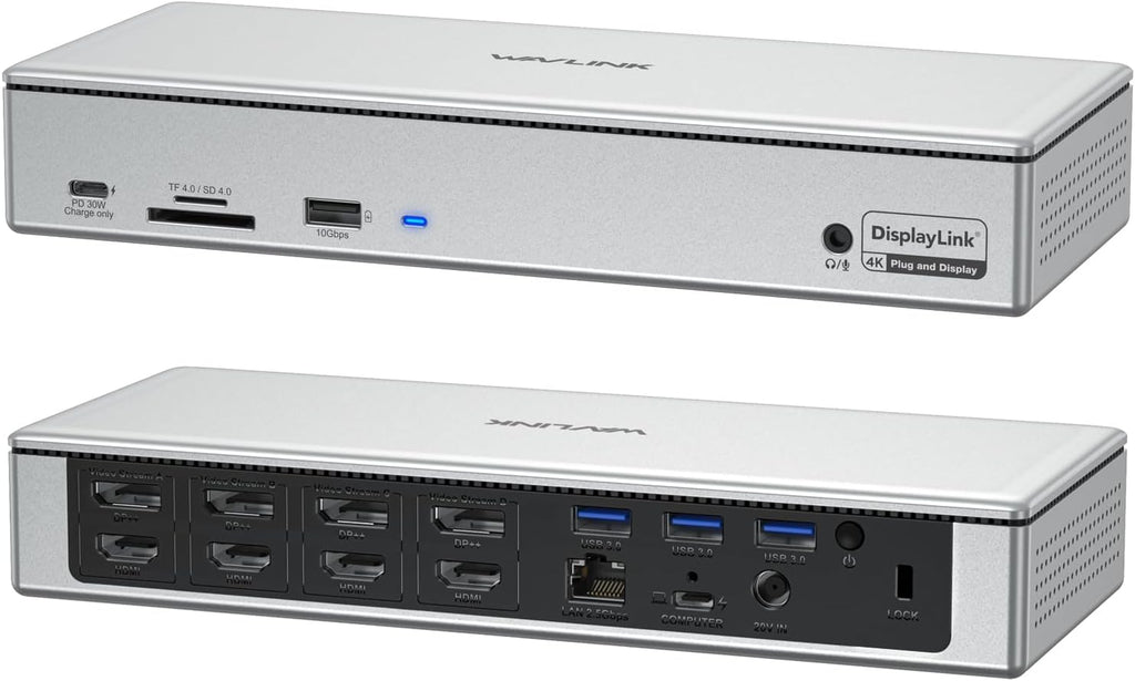 WAVLINK DisplayLink Laptop Docking Station - Quad Monitor 5K/4K @60Hz, 100W Charging - Thunderbolt 4/3, USB-C/A - M1 M2 Mac/Windows/Chrome/Ubuntu - 4 HDMI, 4 DP, 180W Power, SD 4.0 CR, 2.5Gbps LAN