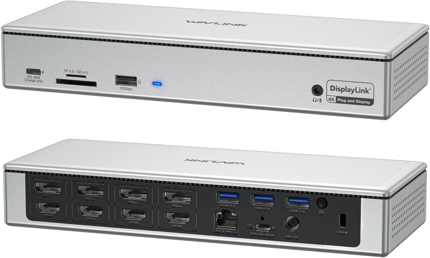 WAVLINK DisplayLink Laptop Docking Station - Quad Monitor 5K/4K @60Hz, 100W Charging - Thunderbolt 4/3, USB-C/A - M1 M2 Mac/Windows/Chrome/Ubuntu - 4 HDMI, 4 DP, 180W Power, SD 4.0 CR, 2.5Gbps LAN