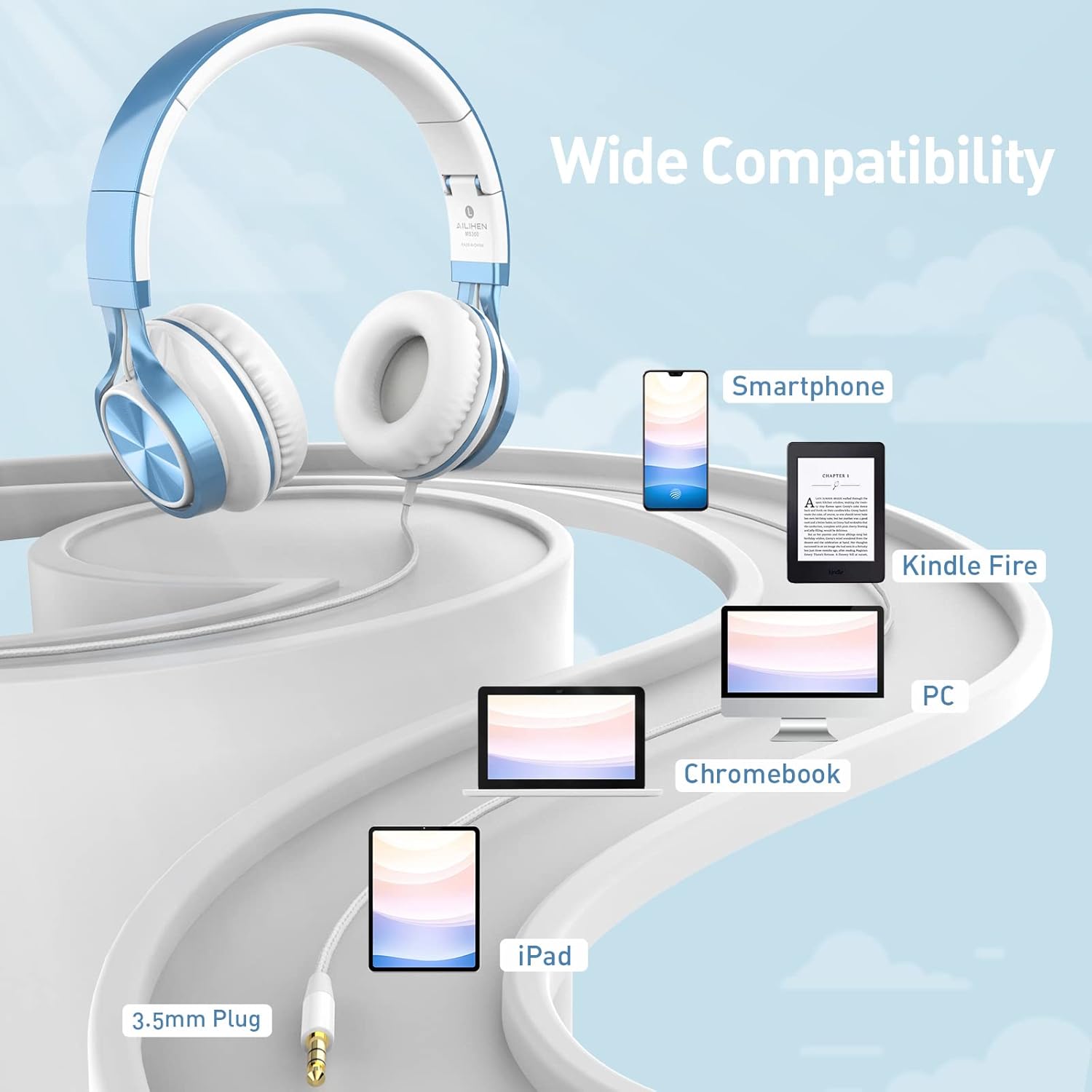 AILIHEN Kids Headphones for School Boys, Headphones with Microphone for Chromebook Laptop Computer Smartphone, 3.5mm Foldable Lightweight Headset for Teen Teenager (Blue)