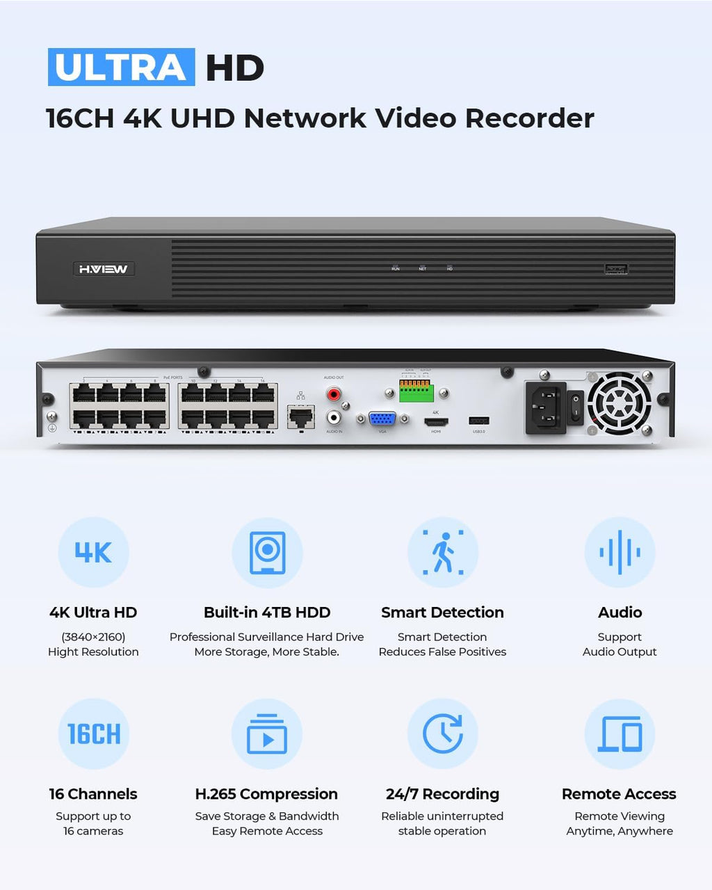 H.VIEW 4K 16 Channel Security Camera System 16Pcs CCTV Camera kit PoE 8MP Indoor Outdoor Dome Wired Surveillance Video with Audio,16CH 4K H.265 NVR with 4TB HDD, CCTV Surveillance for Businesses