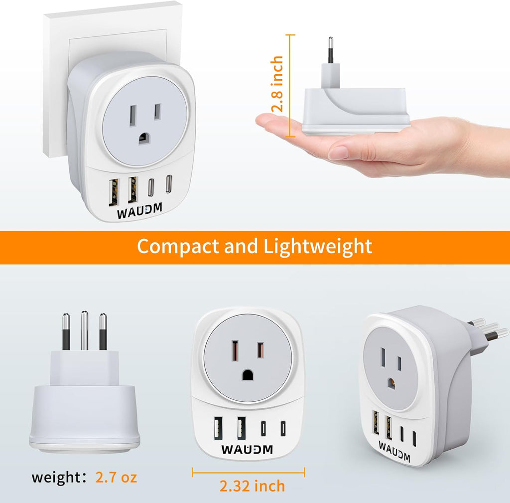 2 Pack Italy Travel Power Adapter, Italy Travel Plug Adapter with 2 USB and 2 USBC Ports, L-Shaped 3-Pin Ground Plug for USA to Italy Uruguay Chile Rome