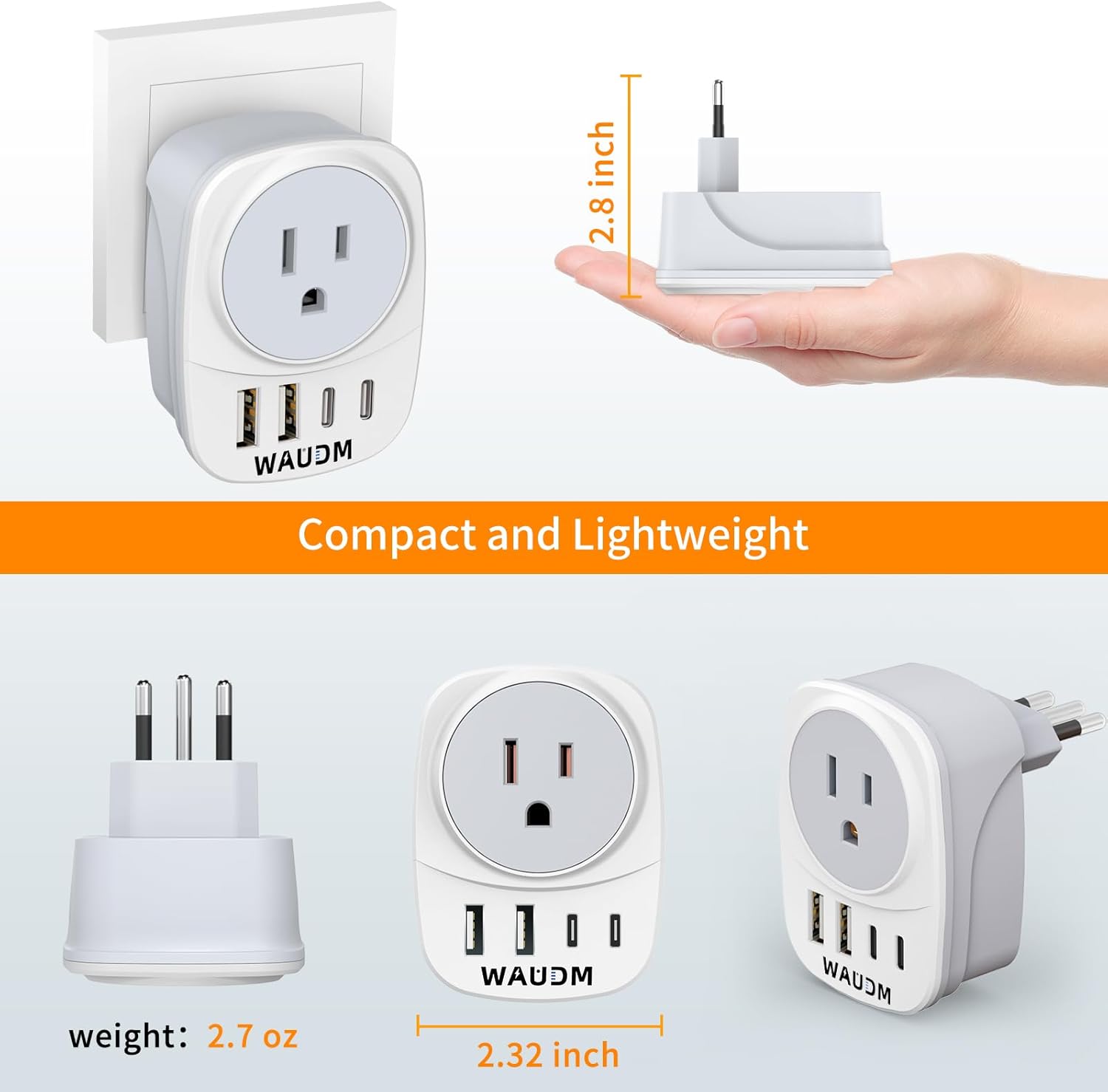 2 Pack Italy Travel Power Adapter, Italy Travel Plug Adapter with 2 USB and 2 USBC Ports, L-Shaped 3-Pin Ground Plug for USA to Italy Uruguay Chile Rome